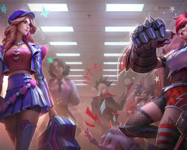 Postacie z League of Legends w szkolnych strojach, w tle korytarz szkolny.