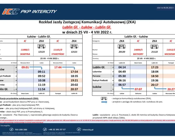 Fragment rozkładu jazdy PKP Intercity z trasą Łuków - Lublin GŁ. i Lublin GŁ. - Łuków.