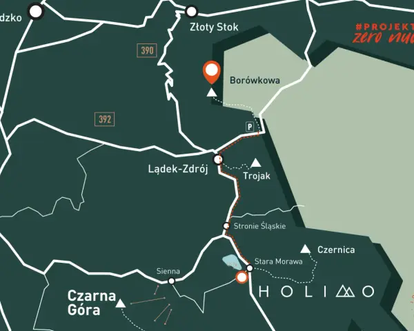 Mapa szlaku #projekt zero nudy. Punkt docelowy to Borówkowa góra, z zaznaczonymi miejscowościami Kłodzko, Lądek-Zdrój i Czarna Góra.