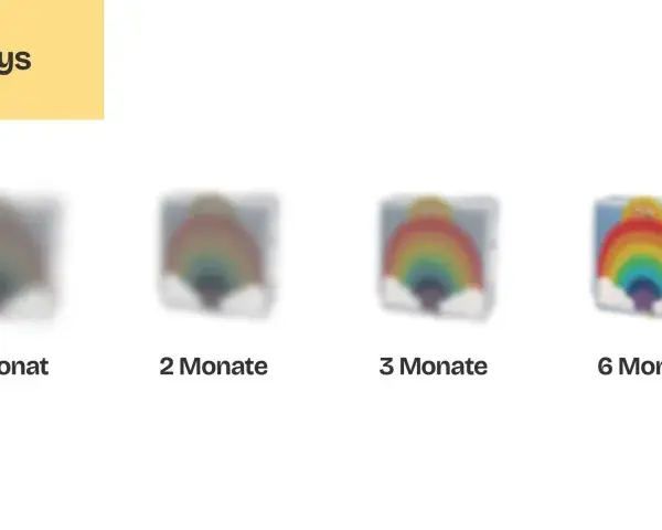Wie sehen babys: Von verschwommen bei Geburt bis klar bei 6 Monaten. Ein Stoffbuch mit Regenbogen und Sonne wird schärfer.