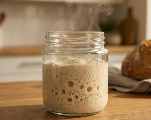 Blubbernder Sauerteig im Glas, der nach Essig riecht, dampft leicht. Daneben liegt ein frisch gebackenes Brot.