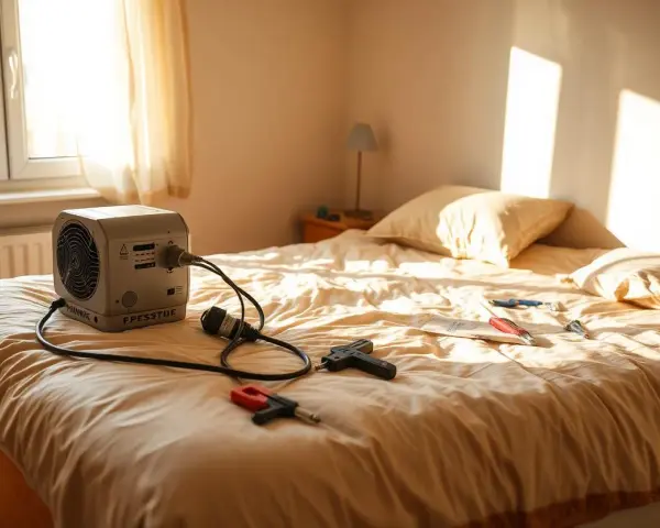 Ein Intex Luftbett mit integrierter Pumpe verliert Luft. Kabel und Werkzeuge liegen auf dem Bett.