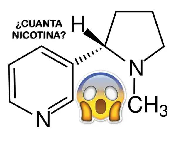 ¿Cuánta nicotina tiene un vaper? La imagen muestra la estructura química de la nicotina con un emoji de sorpresa.