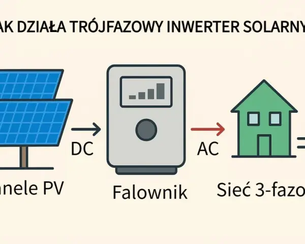 Schemat pokazuje, jak działa falownik trójfazowy: panele PV generują prąd stały (DC), który falownik zamienia na prąd zmienny (AC) dla sieci 3-fazowej.