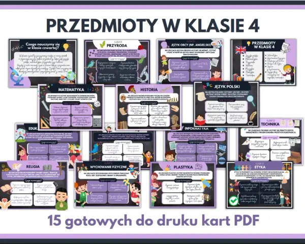 Przedmioty w klasie 4: przyroda, matematyka, historia, język polski, język obcy, informatyka, technika, plastyka, wychowanie fizyczne, edukacja, religia, etyka.