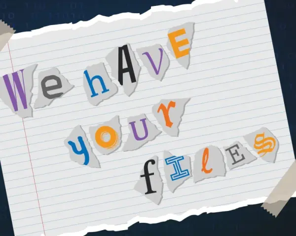 Przykłady ransomware: porwana kartka z napisem "We have your files" na tle kodu binarnego.