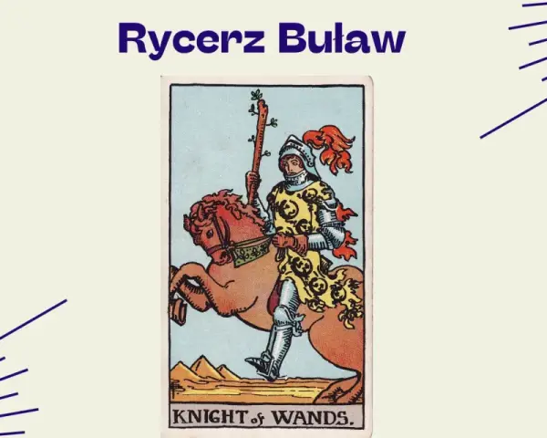 Rycerz Buław na karcie tarota, w zbroi, galopuje na koniu, niosąc buławę.