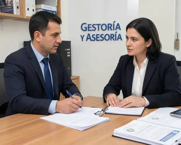 Profesionales discuten la diferencia entre gestoría y asesoría en una oficina.