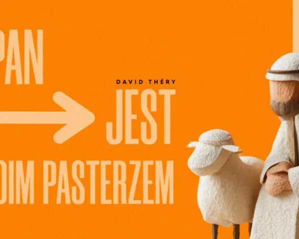 PAN JEST MOIM PASTERZEM" - tekst z grafiką pasterza i owcy. David Théry.