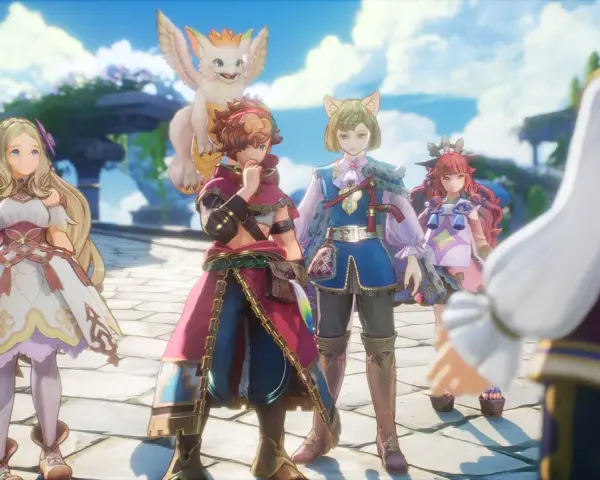 Un grupo de aventureros, con visiones de mana, se reúne bajo un cielo azul. Una chica rubia con vestido blanco, un chico con capa roja, otro con orejas de gato y una chica pelirroja.