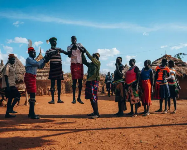 Ludzie w tradycyjnych strojach tańczą przed chatami. Czy Uganda jest bezpiecznie? Tak, w takich miejscach można poczuć się bezpiecznie.