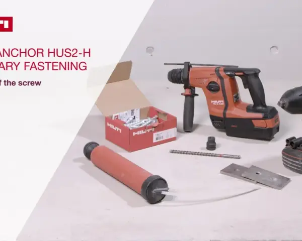 Hilti-verktyg för att borra i betongplatta: slagborrmaskin, mutterdragare, skruvankare och tillbehör.