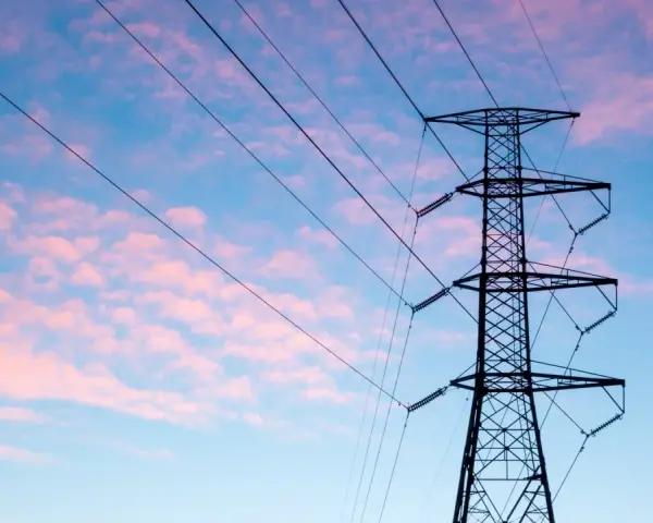 Wieża z przewodami linii energetycznej średniego napięcia na tle różowo-niebieskiego nieba.