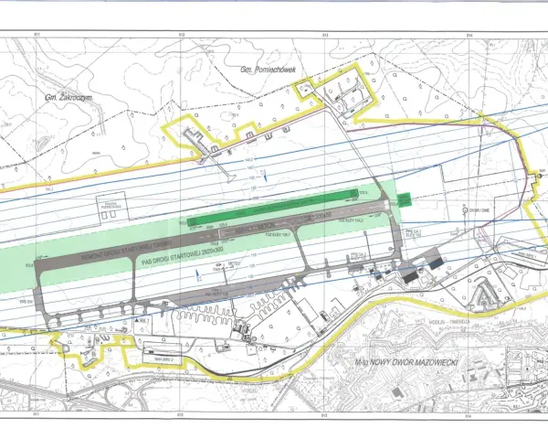 Mapa lotniska Warszawa Zachodnia Modlin z drogami startowymi, pasami drogowymi i infrastrukturą.