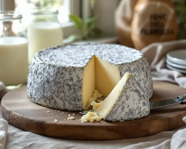 Un fromage à pâte pressée non cuite, à la croûte grise et blanche, est coupé sur une planche en bois. Le Pouligny Saint-Pierre est prêt à être dégusté.