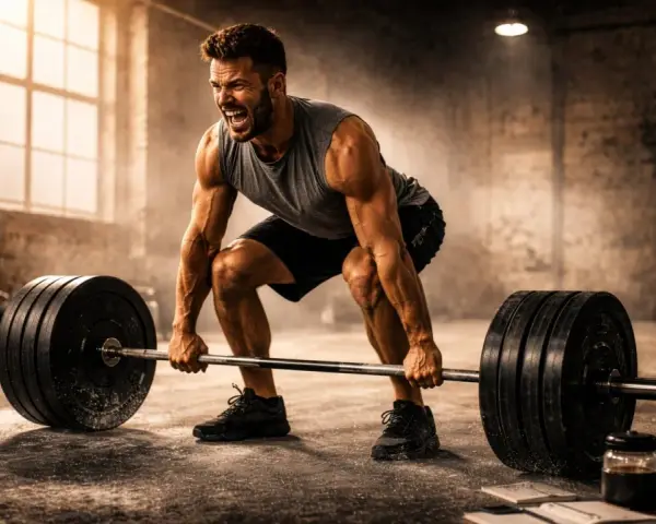 Man med en imponerande crossfit kropp lyfter tung skivstång i ett dammigt gym.