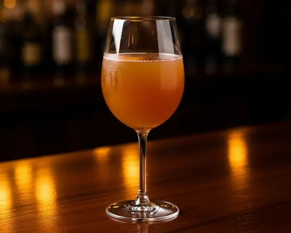 Ett glas med gyllene vit sangria står på en träyta. Perfekt för ett somrigt vit sangria recept.