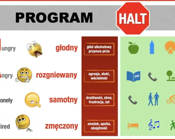 Program HALT: głodny, rozgniewany, samotny, zmęczony. Plan na wyjście z terapii obejmuje zdrowe jedzenie, rozmowę, odpoczynek i aktywność.