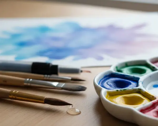 Un pinceau et une palette d'aquarelle colorée, prêts à créer une œuvre d'art sur une feuille blanche.