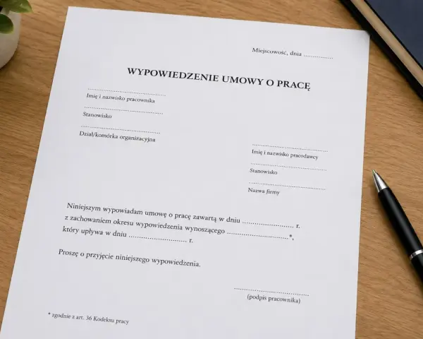Dokument "Wypowiedzenie umowy o pracę z zachowaniem okresu wypowiedzenia" na biurku, obok długopisu i książki.
