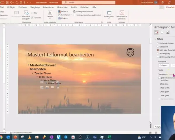 PowerPoint-Folie mit Sonnenuntergang als powerpoint hintergrund. Die Folie zeigt "Mastertitelformat bearbeiten" und eine Liste von Ebenen. Rechts ist das Menü "Hintergrund formatieren" geöffnet.