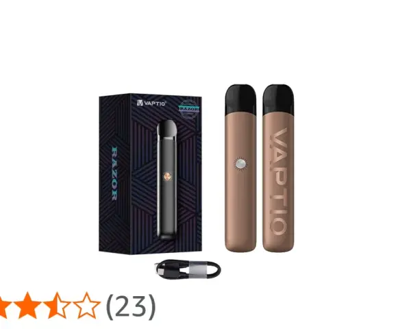 Dos vaper ronda Vaptio Razor en color bronce y uno en caja, junto a su cable de carga.