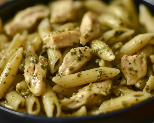 Penne z kurczakiem w sosie pesto, danie pełne smaku i aromatu.