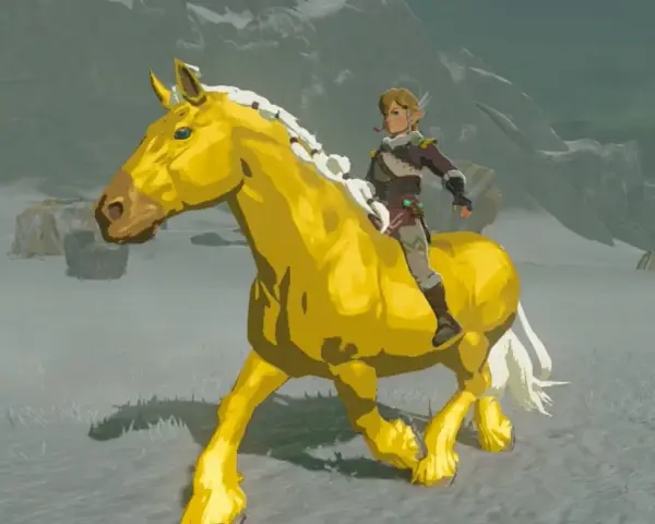 Link cabalga sobre el fiel caballo dorado de Zelda en un paisaje nevado.