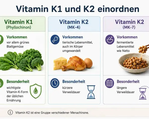 Vergleich von Vitamin K1 in grünem Gemüse und Vitamin K2 in tierischen Produkten und Natto. K1 ist die Hauptform in der Ernährung.