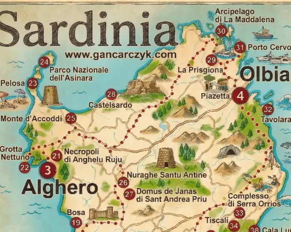 Mapa turystyczna Sardynii pokazuje, gdzie jest ta piękna wyspa, z zaznaczonymi atrakcjami jak Alghero, Olbia i plaże.