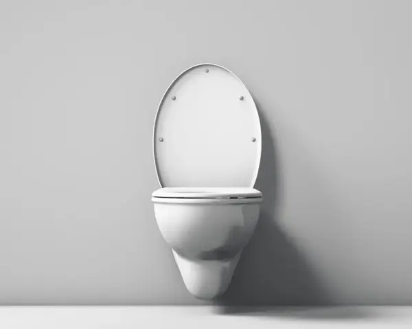 Biała, wisząca miska WC z klapą z duroplastu, zamontowana na szarej ścianie.