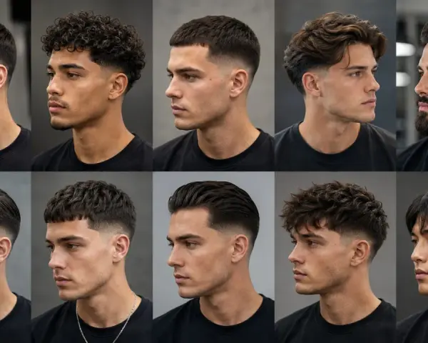 Männer mit verschiedenen modernen taper frisuren: von kurz und clean bis lockig und voluminös.