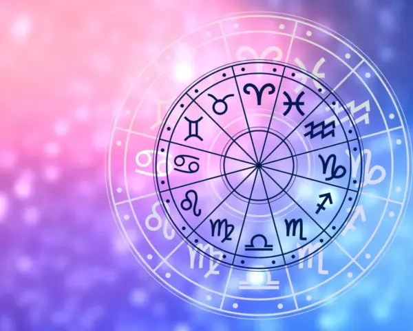 Koło zodiaku z symbolami astrologicznymi, sugerujące szczęśliwe liczby dla bliźniąt i innych znaków.