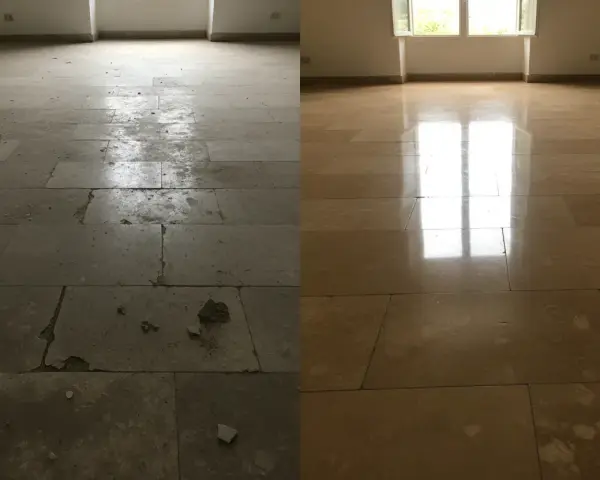 Avant/après : un sol en travertin sale et abîmé transformé en une surface brillante et immaculée.
