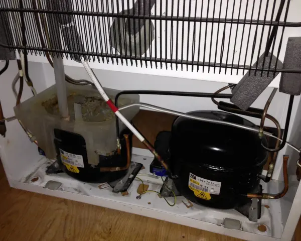 Kylskåpets kompressorer och kondensor. Det låter som en borr när kylskåpet går.