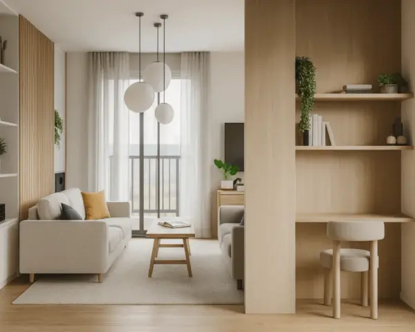 Soggiorno accogliente con divani chiari, tavolino in legno e mensole a vista. Un ambiente in stile minimal, con un tocco di calore dato dal legno.
