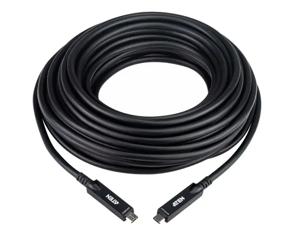 En lång, svart hdmi kabel 15 meter, hoprullad. Den har ATEN-logotypen på båda ändarna.