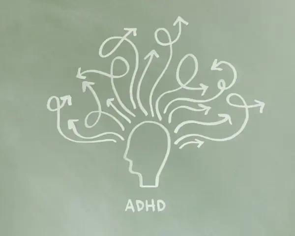 Grafika przedstawia głowę z mnóstwem strzałek wychodzących z niej we wszystkich kierunkach, symbolizującą ADHD.