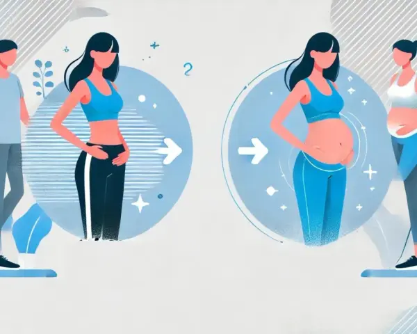 Kobieta w ciąży i po ciąży. Ilustracja pokazuje zmiany w sylwetce, w tym brzuch po ciąży.