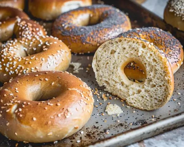 Färska bagels med sesamfrön och vallmofrön, redo för ditt bagels recept. Enkla att baka!
