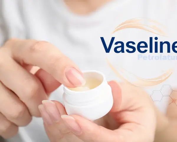 Eine Hand entnimmt Vaseline aus einem Tiegel. Das Produkt besteht aus Petrolatum, einem Gemisch aus Kohlenwasserstoffen.