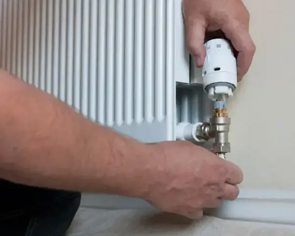 Wymiana zaworu w grzejniku bez spuszczania wody. Ręce majsterkowicza przykręcają nowy zawór termostatyczny.