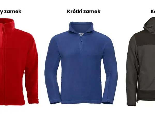 Trzy polary firmowe z nadrukiem: czerwony z pełnym zamkiem, niebieski z krótkim zamkiem i grafitowy z kapturem.