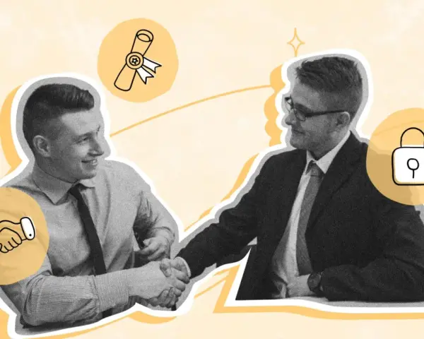 Deux hommes se serrent la main, symbolisant un lien de collaboration solide, avec des icônes de diplôme et de cadenas.