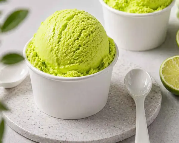 Erfrischendes Limetten-Eis in weißem Becher, dane zwei Limettenhälften. Der Brix Wert deutet auf Süße hin.