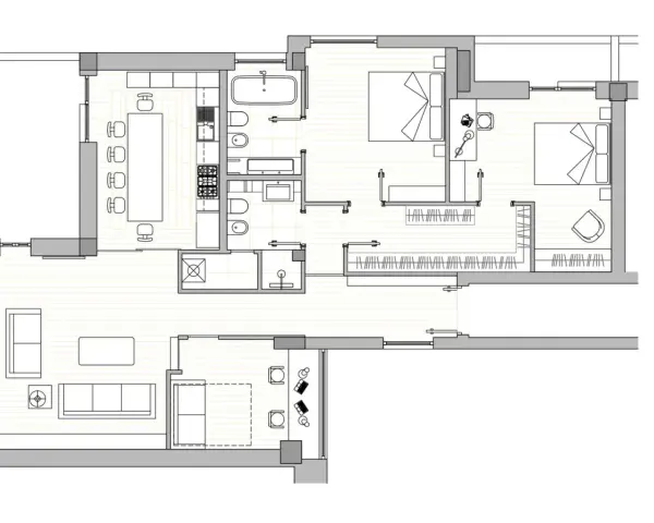 Progetto casa 120 mq un piano: pianta con soggiorno, cucina, sala da pranzo, due camere da letto, bagno e lavanderia.