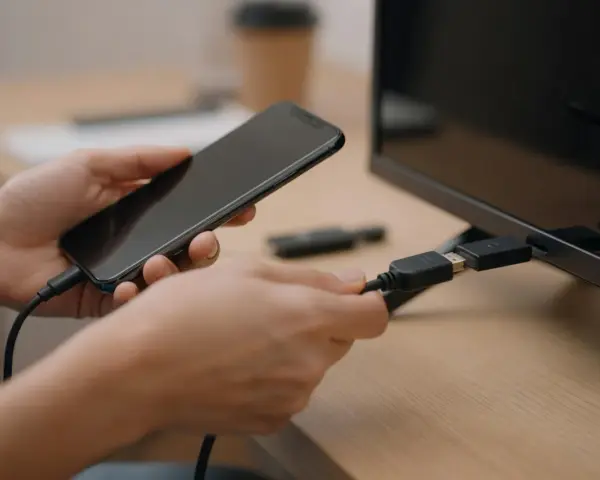 Ręce łączą smartfon z telewizorem za pomocą kabla USB-C. Dowiedz się, jak połączyć się z telewizorem, by cieszyć się większym ekranem.