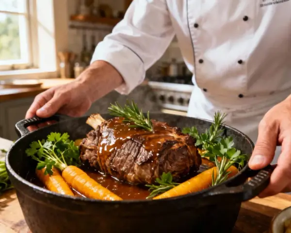Un chef présente un rôti de veau en cocotte, savamment braisé avec des carottes et des herbes aromatiques.