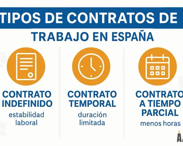 Ilustración de tipos de contratos laborales en España: contrato indefinido, temporal y a tiempo parcial. El contrato indefinido ofrece estabilidad laboral.
