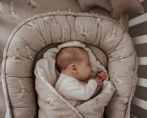 Śpiące dziecko w kokonie niemowlęcym z motywem gęsi. Czy warto zainwestować w taki kokon? Zapewnia poczucie bezpieczeństwa.